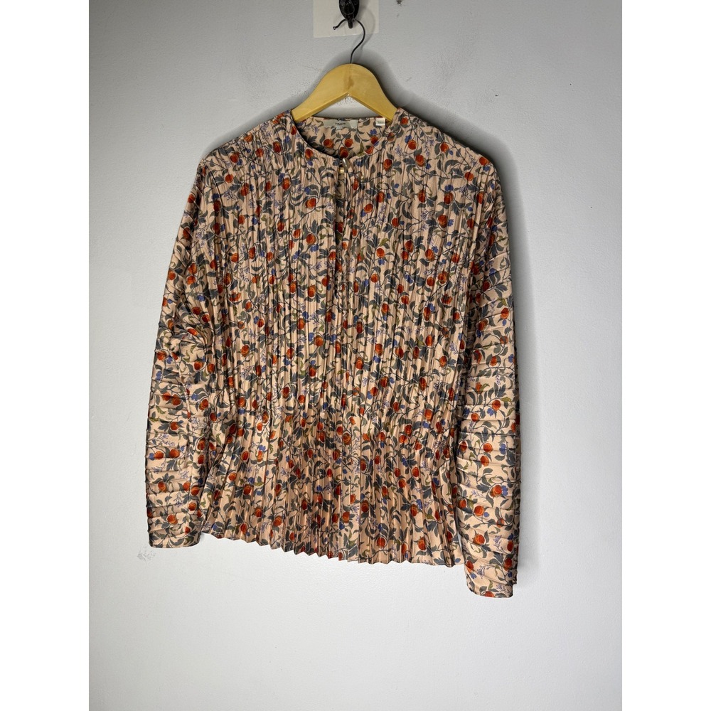Vince Womens Pomegranate Floral Pleated Long Sleeve Blouse Tan Orange Small